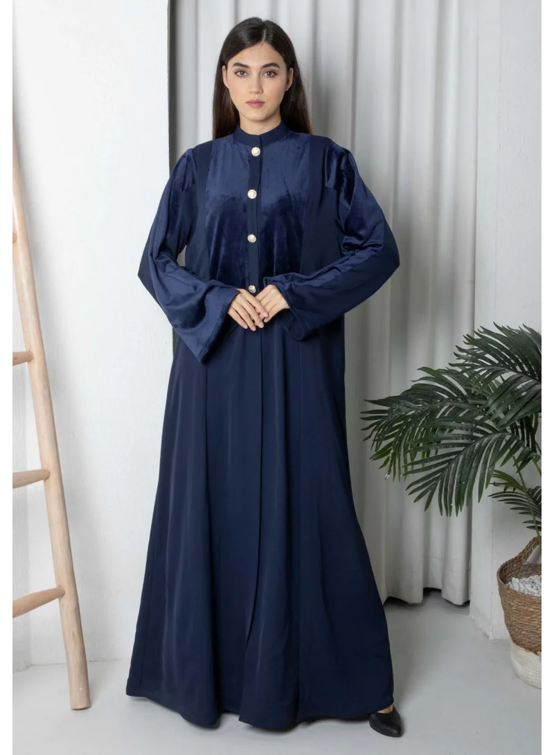 MSquare Fashion Navy Round Neck Nida and Velvet Abaya with Front Button Detailing